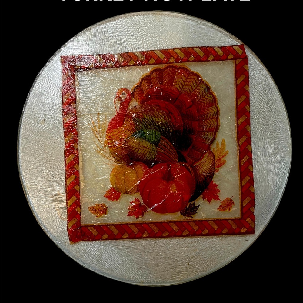 Fall Glass Hot Plate with & Autumn Thanksgiving Turkey, New, Handmade